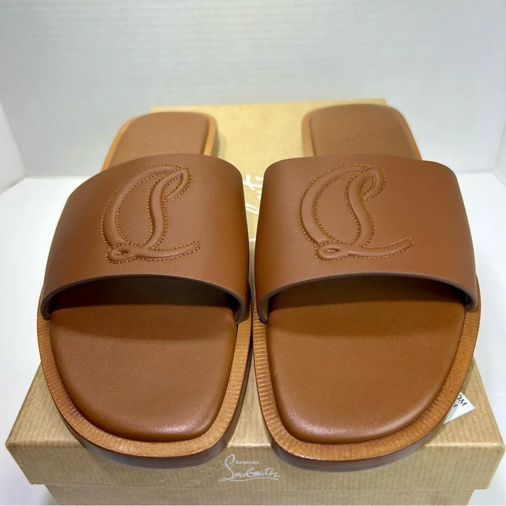 CHRISTIAN LOUBOUTIN CL MULE FLAT SANDAL EMBROIDERED LOGO BROWN LEATHER SZ 39 NEW - Picture 7 of 15